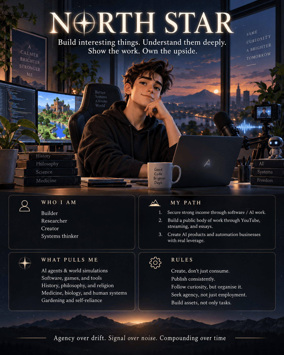 North Star - Matthew at desk with warm cinematic lighting, stylized 3D avatar